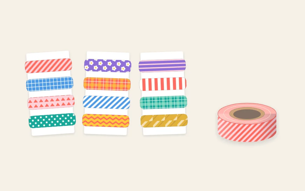 Three small sample cards with several tapes wound around each, beside one full-size roll