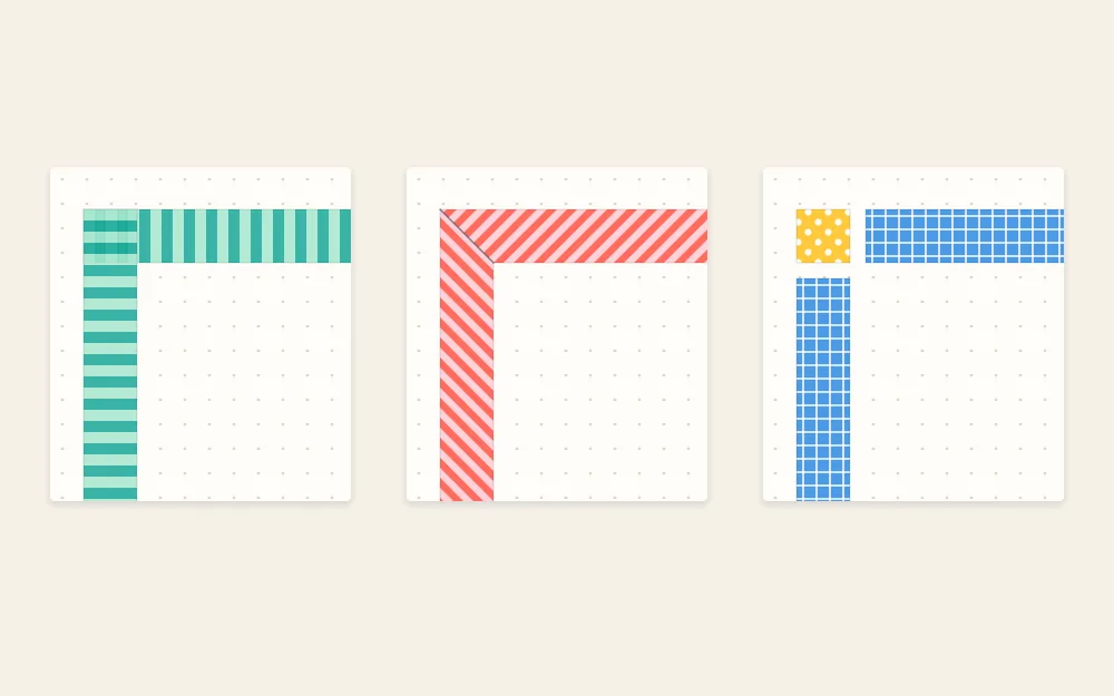 Three corner styles side by side: overlapped square, mitered, and a gap with a small square accent