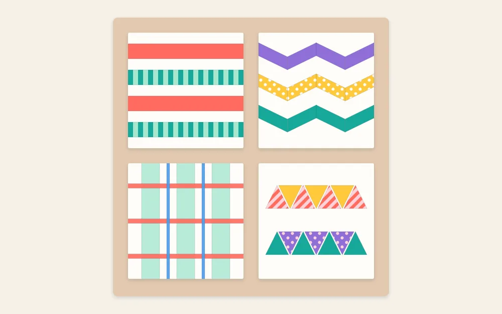 A sampler of four small squares showing even stripes, a chevron, a plaid and a row of triangles