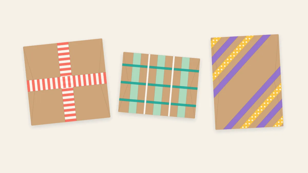 Three kraft-wrapped presents decorated with a tape ribbon cross, plaid lines and diagonal corner stripes