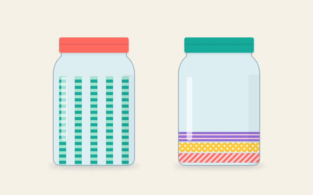 Two glass jars, one with evenly spaced vertical tape stripes and one with bands around the base