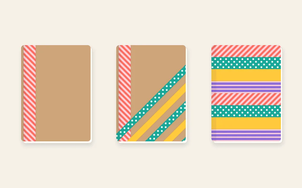 Three notebooks in a row with a spine strip, a diagonal corner block and full stripes