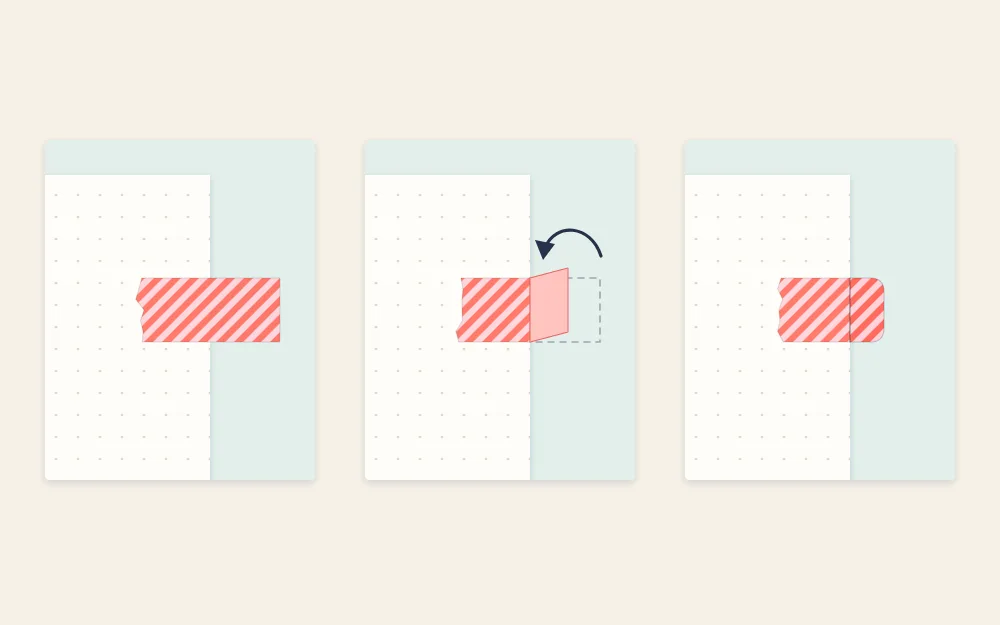 Three stages: a strip on a page edge, the strip folded over, and the finished rounded tab