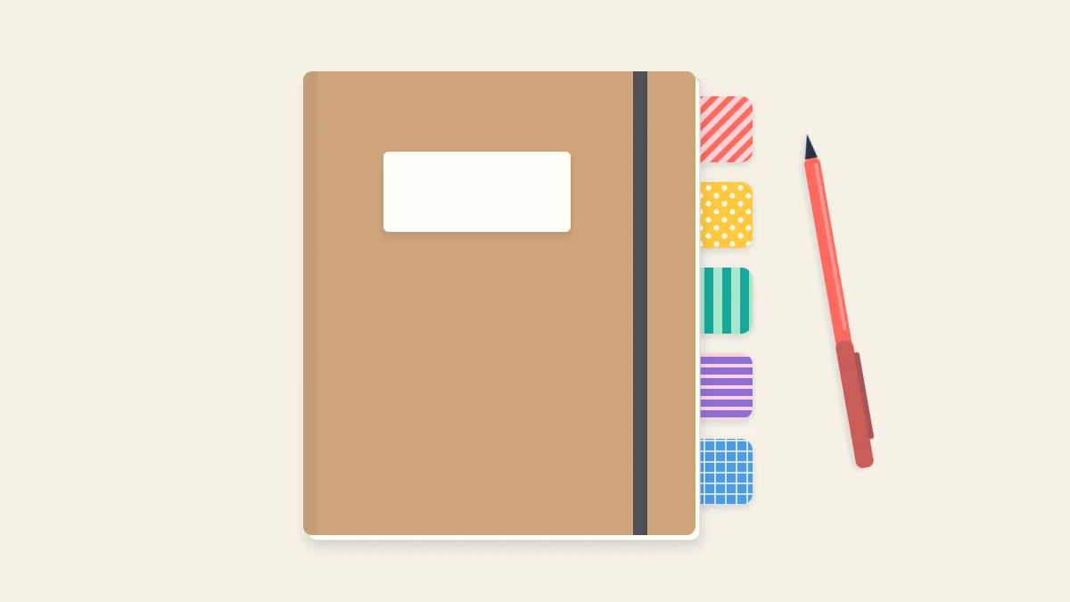 A closed notebook seen from the side with five colorful tape tabs staggered down the page edge