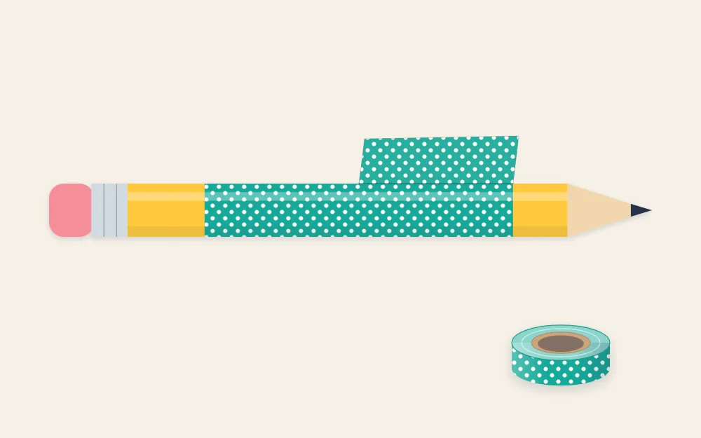 A pencil with one strip of tape laid along the barrel and half wrapped around it