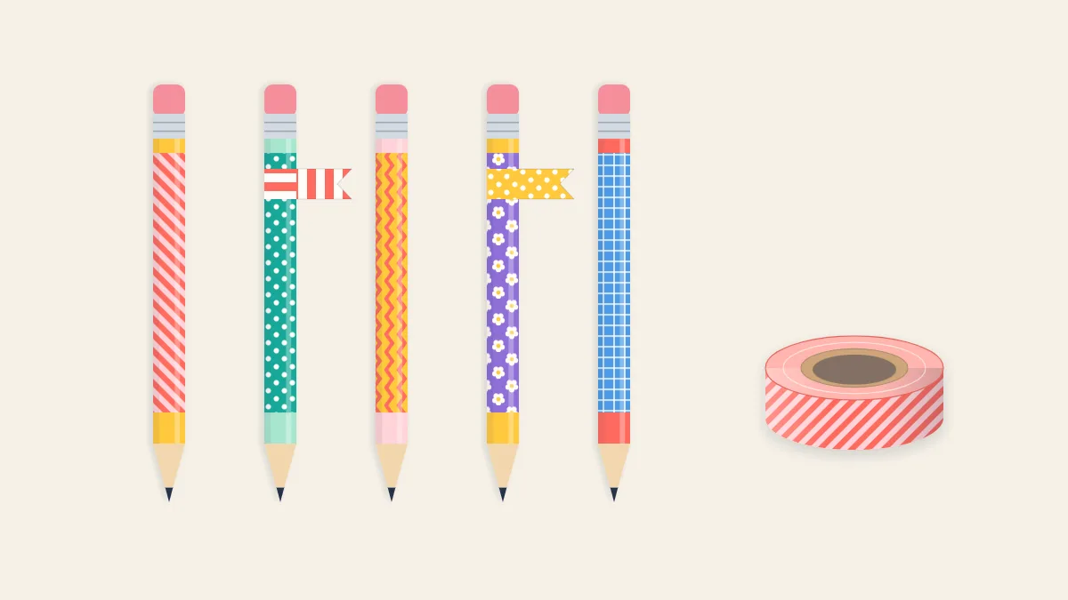 A row of five pencils wrapped in different washi tape patterns, two with small tape flags, beside a tape roll