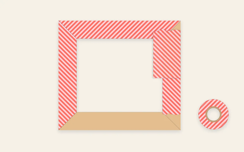 A flat frame with two sides covered in tape and a strip being wrapped over the inner edge