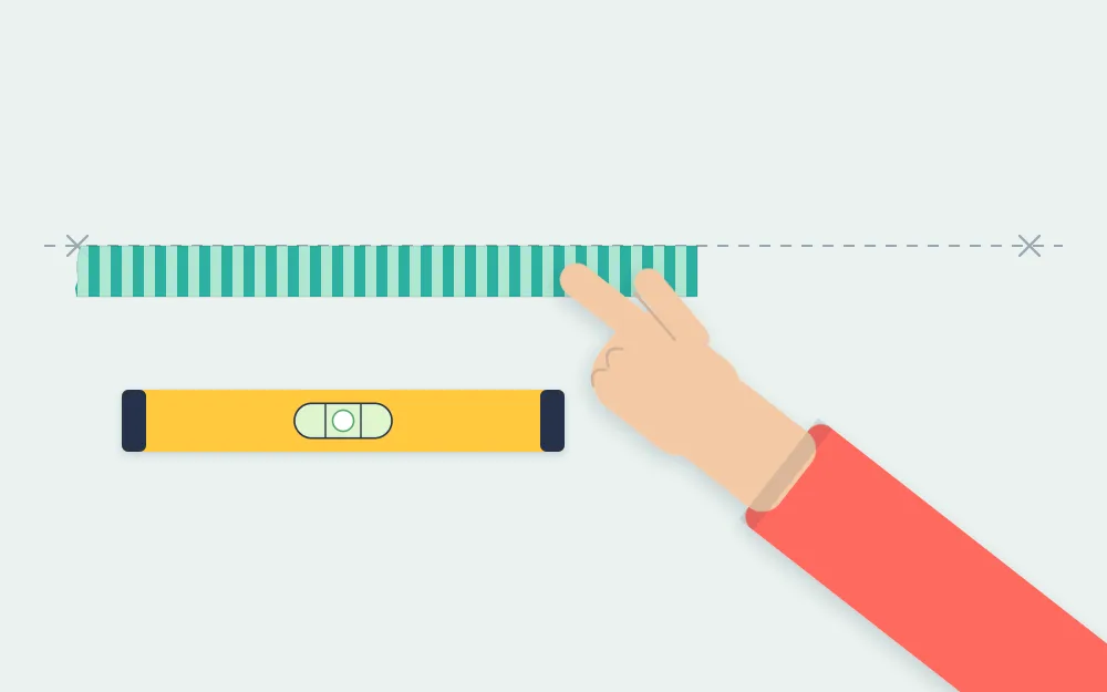 Hand smoothing a long horizontal tape strip onto a wall beside a spirit level and pencil marks