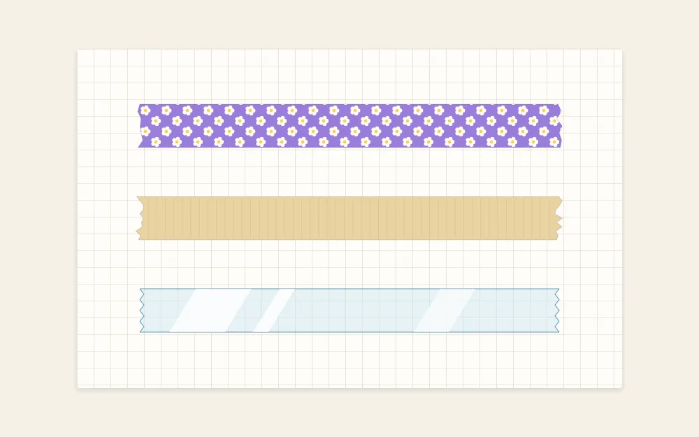 Three short strips on paper: patterned washi tape, plain beige masking tape and glossy clear tape